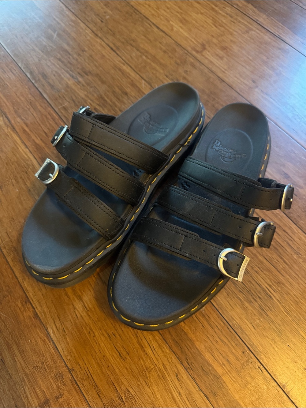 Dr. Martens Black Triple Buckle Slide Sandals with Yellow Stitching